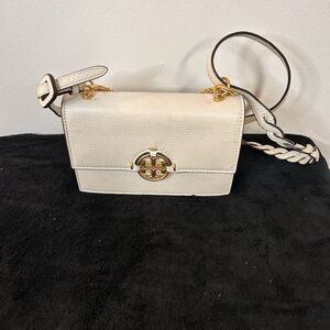 Tory Burch Mini Miller Cream Pebbled Leather Crossbody Bag Gold Logo Shoulder